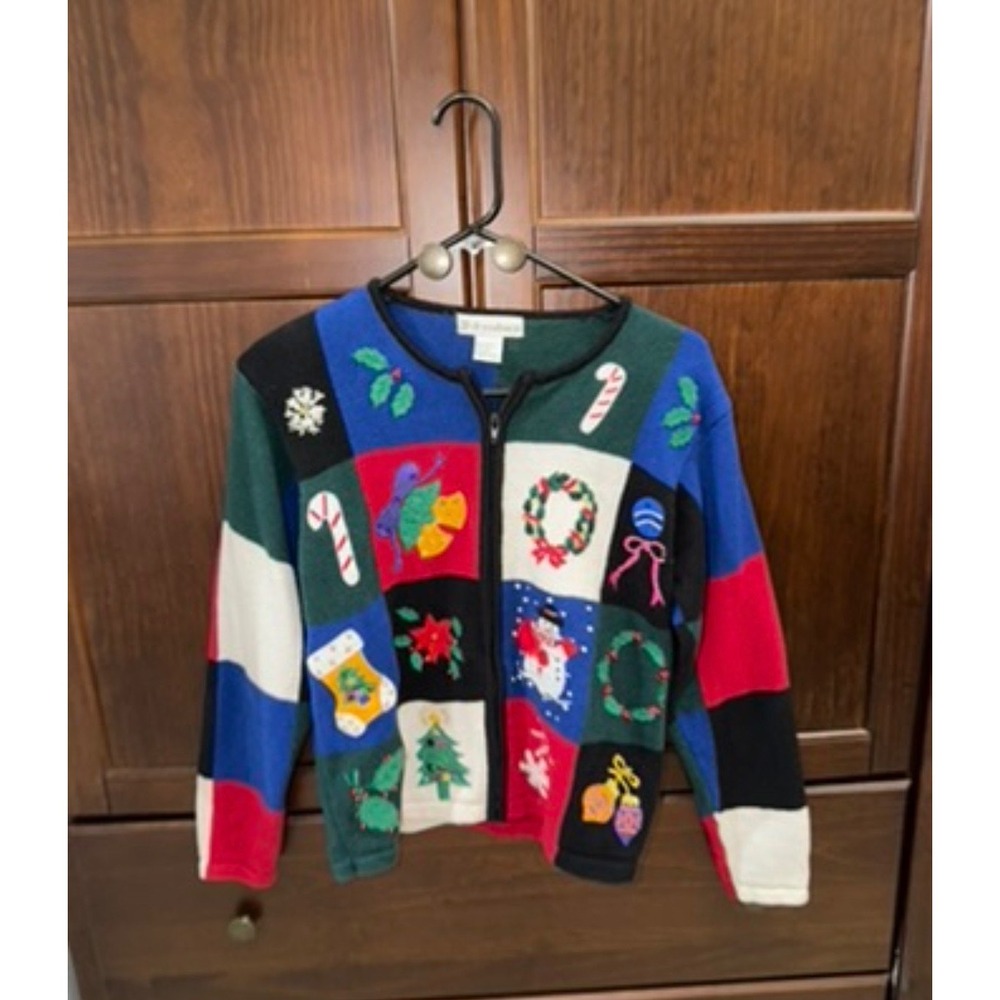 Dressbarn Vintage Christmas Patchwork Zip Cardigan Sweater Medium Snowman Tree